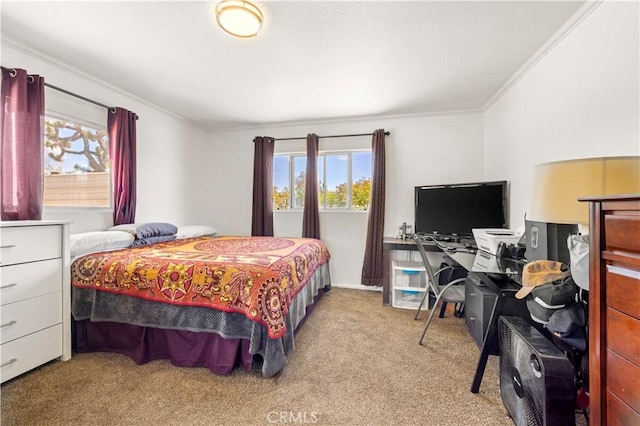 bedroom featuring carpet flooring and ornamental molding
