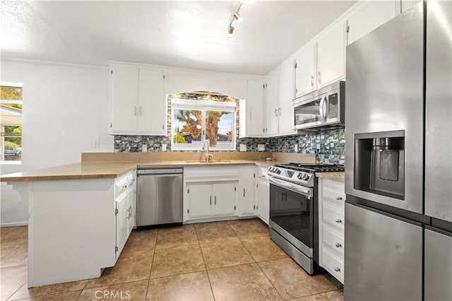 kitchen featuring a wealth of natural light, a peninsula, appliances with stainless steel finishes, and a sink