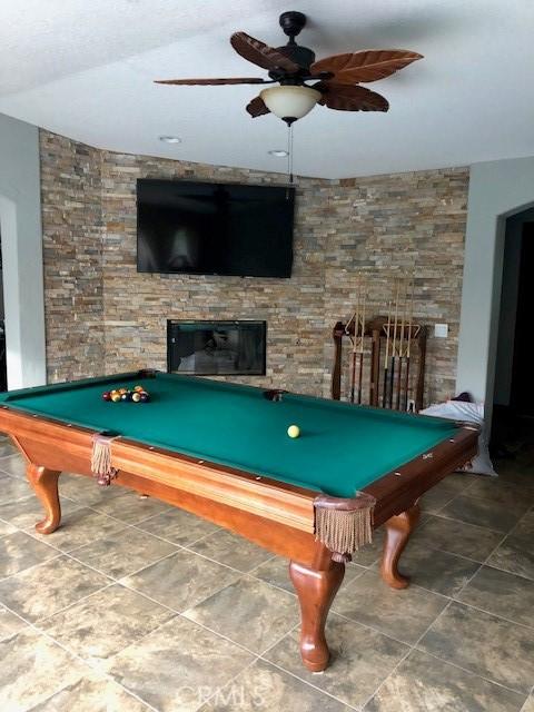 52295 Avenida Vallejo Ln, Quinta, CA 92253 - rec room featuring a fireplace, billiards, and ceiling fan