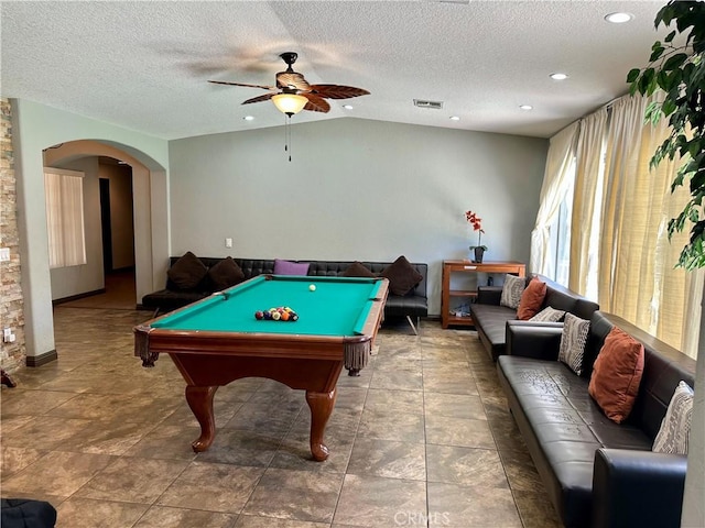 52295 Avenida Vallejo Ln, Quinta, CA 92253 - rec room with arched walkways, a ceiling fan, a textured ceiling, billiards table, and recessed lighting