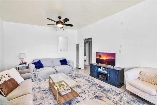 74825 Alta Loma Dr Unit 29, Palms, CA 92277 - living room with tile patterned flooring, ceiling fan, and arched walkways