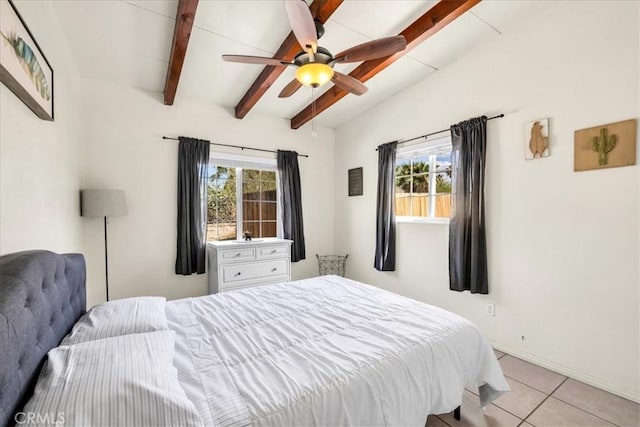 74825 Alta Loma Dr Unit 29, Palms, CA 92277 - bedroom featuring multiple windows, light tile patterned floors, beam ceiling, baseboards, and ceiling fan