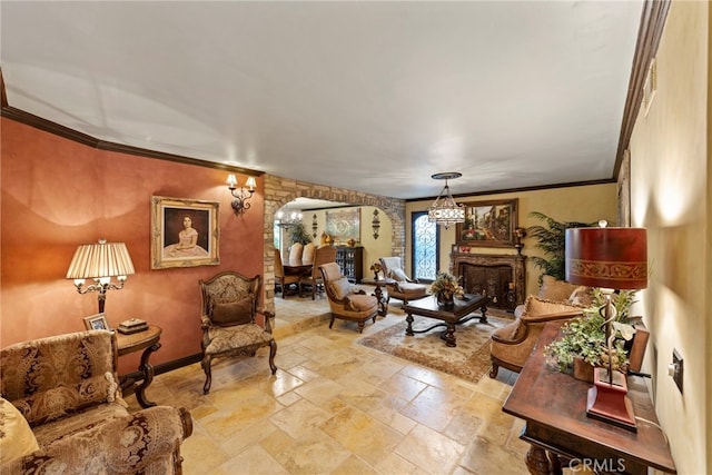 9905 Pangborn Ave, Downey, CA 90240 - living area with baseboards, a notable chandelier, crown molding, and stone tile floors