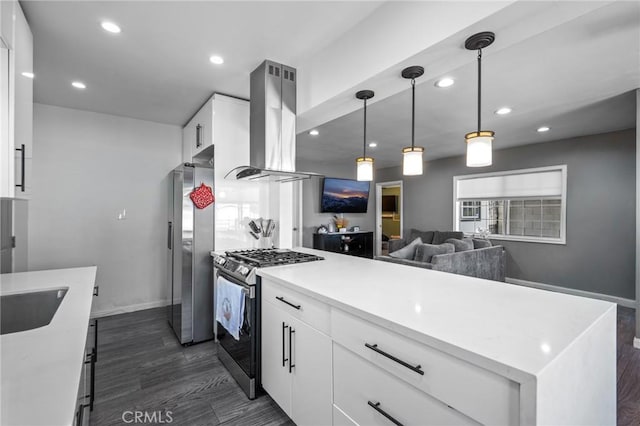 22702 Menlo Ave, Torrance, CA 90502 - kitchen featuring island range hood, appliances with stainless steel finishes, recessed lighting, white cabinetry, and light countertops