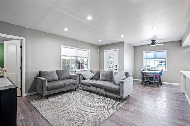 22702 Menlo Ave, Torrance, CA 90502 - living room with baseboards, wood finished floors, ceiling fan, and recessed lighting