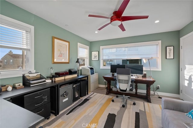 office with baseboards, recessed lighting, light wood-style flooring, and ceiling fan
