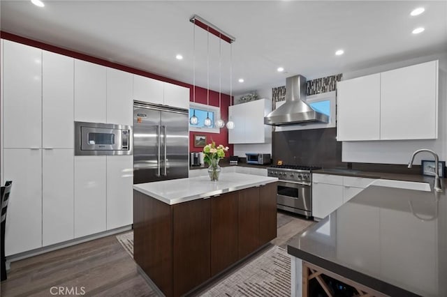 kitchen with a sink, built in appliances, exhaust hood, dark wood-type flooring, and modern cabinets