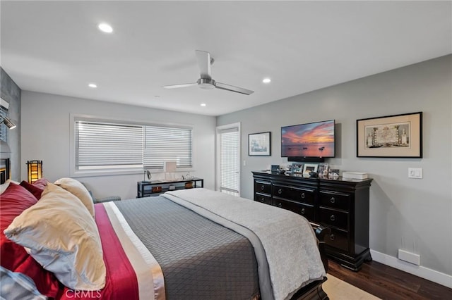 bedroom featuring baseboards, recessed lighting, a ceiling fan, and wood finished floors
