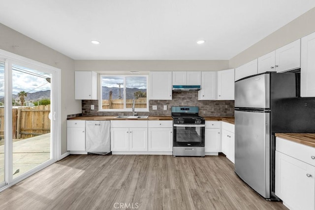 kitchen with a healthy amount of sunlight, under cabinet range hood, appliances with stainless steel finishes, and a sink