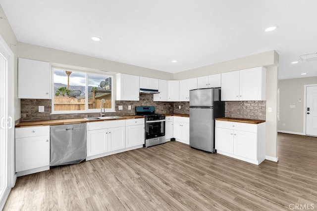 kitchen featuring under cabinet range hood, stainless steel appliances, decorative backsplash, and a sink