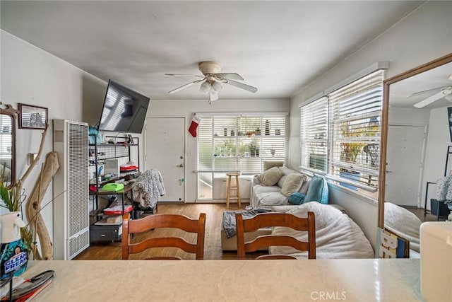 227 Avenida Santa Barbara, San Clemente, CA 92672 - living area with a ceiling fan, a heating unit, and wood finished floors