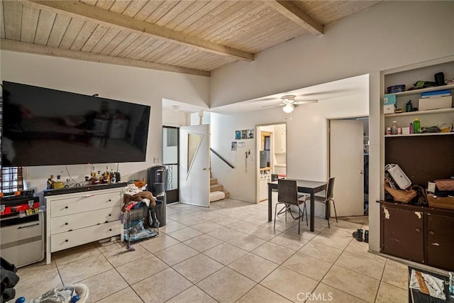 227 Avenida Santa Barbara, San Clemente, CA 92672 - dining area featuring wooden ceiling, beamed ceiling, a ceiling fan, and light tile patterned floors