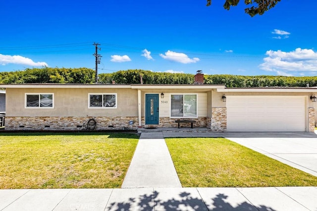 ranch-style home featuring stone siding, a garage, stucco siding, a front lawn, and concrete driveway