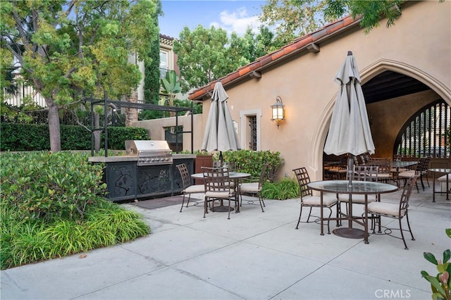 view of patio / terrace with area for grilling, a grill, and outdoor dining space