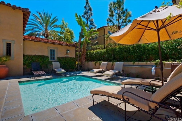 view of swimming pool featuring a patio area, a fenced in pool, and fence