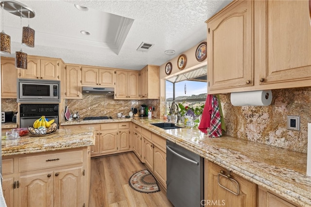 36608 Oak Ridge Dr, Yucaipa, CA 92399 - kitchen featuring appliances with stainless steel finishes, a sink, light brown cabinetry, light wood finished floors, and light stone counters