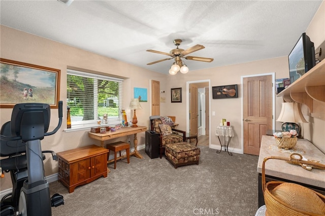 36608 Oak Ridge Dr, Yucaipa, CA 92399 - home office featuring a ceiling fan, carpet, baseboards, and a textured ceiling
