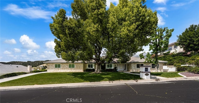 36608 Oak Ridge Dr, Yucaipa, CA 92399 - single story home featuring stone siding and a front lawn