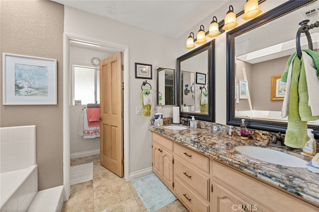 36608 Oak Ridge Dr, Yucaipa, CA 92399 - full bath with double vanity, tiled bath, and baseboards