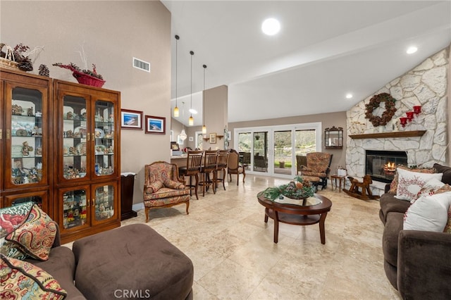 36608 Oak Ridge Dr, Yucaipa, CA 92399 - living area with a fireplace, recessed lighting, and high vaulted ceiling