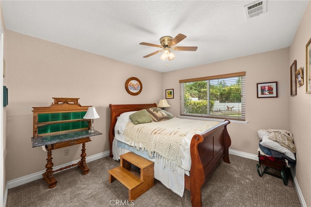 36608 Oak Ridge Dr, Yucaipa, CA 92399 - bedroom featuring baseboards, carpet floors, a ceiling fan, and a textured ceiling