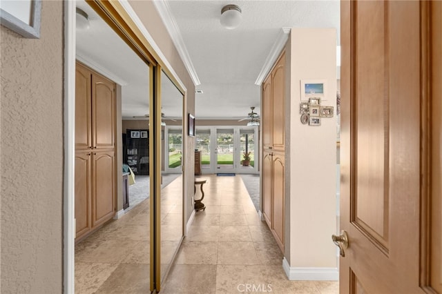 36608 Oak Ridge Dr, Yucaipa, CA 92399 - hallway with baseboards, a textured wall, and crown molding