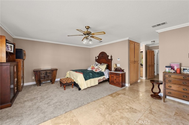 36608 Oak Ridge Dr, Yucaipa, CA 92399 - bedroom featuring crown molding, light carpet, ceiling fan, and baseboards