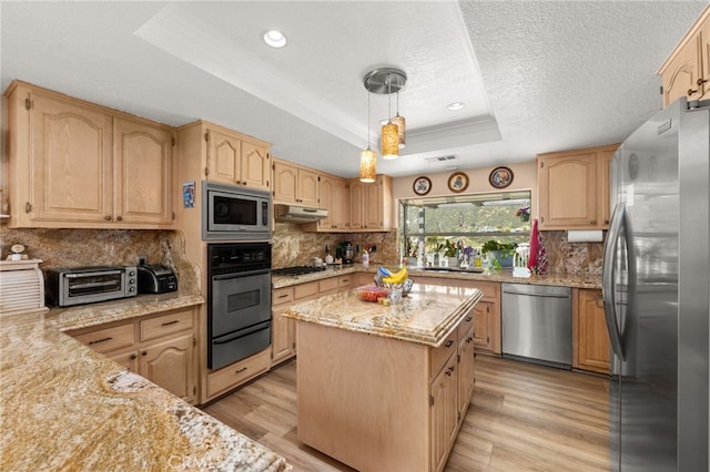 36608 Oak Ridge Dr, Yucaipa, CA 92399 - kitchen with stainless steel appliances, a tray ceiling, a warming drawer, a sink, and light wood finished floors