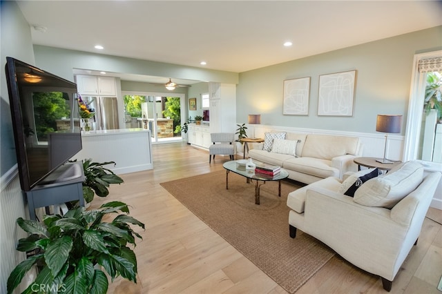 1624 Malden St, San Diego, CA 92109 - living room featuring light wood-style floors, wainscoting, ceiling fan, and recessed lighting