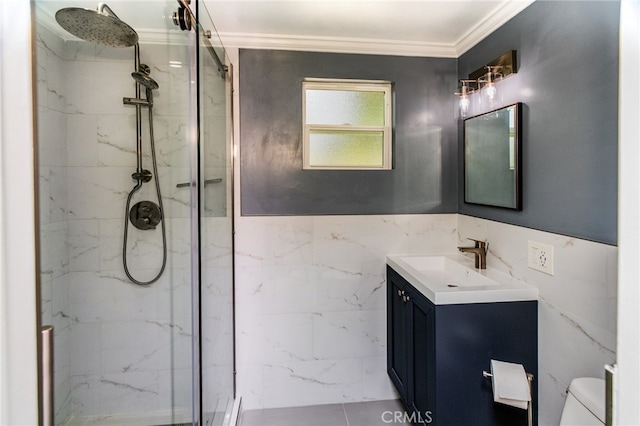 1624 Malden St, San Diego, CA 92109 - bathroom featuring toilet, a marble finish shower, vanity, and crown molding