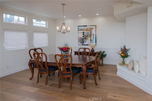 1624 Malden St, San Diego, CA 92109 - dining area featuring a chandelier, wood finished floors, crown molding, and recessed lighting