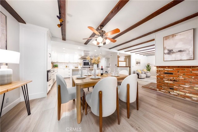 21128 Trigger Ln, Diamond Bar, CA 91765 - dining room with a ceiling fan, light wood-style flooring, and beam ceiling