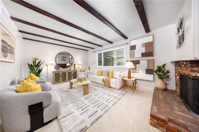 21128 Trigger Ln, Diamond Bar, CA 91765 - carpeted living area featuring beam ceiling, a fireplace, and baseboards