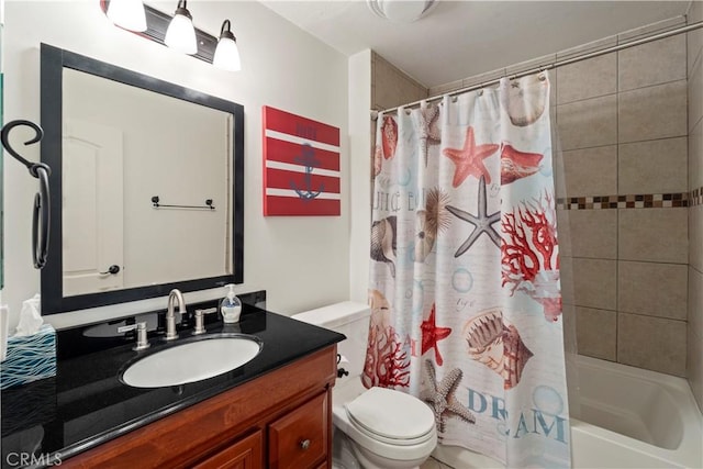 full bath featuring toilet, shower / tub combo, and vanity