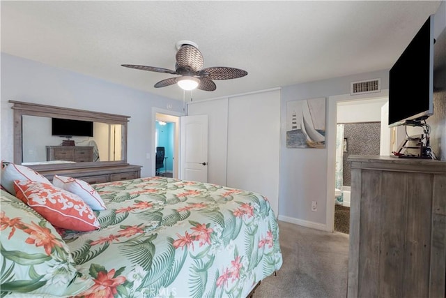bedroom with a closet, visible vents, ceiling fan, carpet flooring, and baseboards