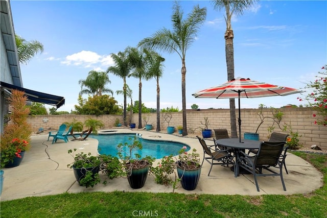 view of swimming pool with a fenced backyard, a patio, and a fenced in pool