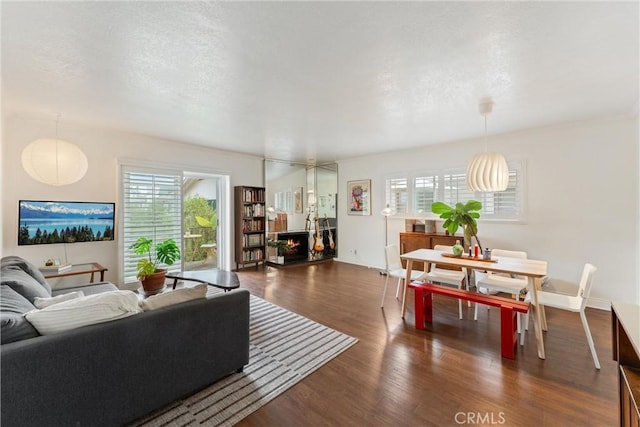 living room with a wealth of natural light, a warm lit fireplace, and wood finished floors