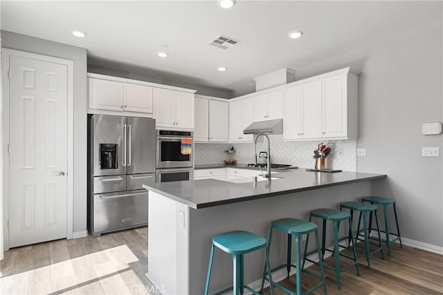 kitchen featuring a peninsula, stainless steel appliances, visible vents, under cabinet range hood, and white cabinets
