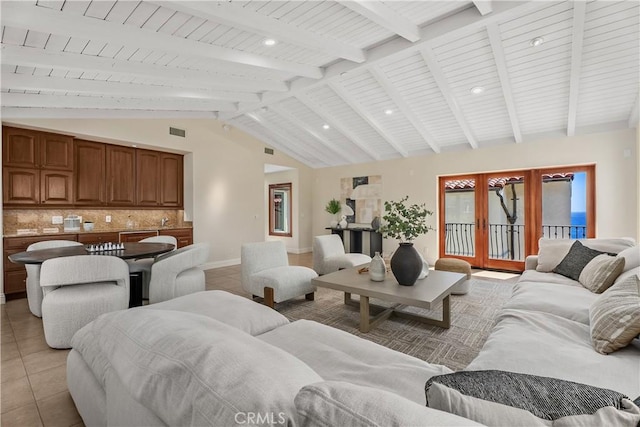 35451 Camino Capistrano, Dana Point, CA 92624 - living room featuring french doors, light tile patterned floors, wooden ceiling, and recessed lighting