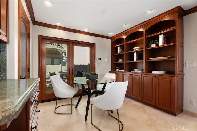 dining area featuring french doors, crown molding, baseboards, light tile patterned flooring, and recessed lighting