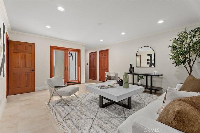 living area featuring ornamental molding and recessed lighting