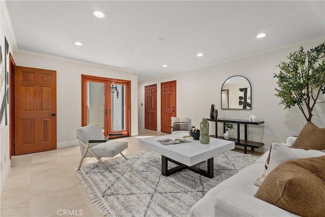 35451 Camino Capistrano, Dana Point, CA 92624 - living room featuring recessed lighting, ornamental molding, and light tile patterned floors
