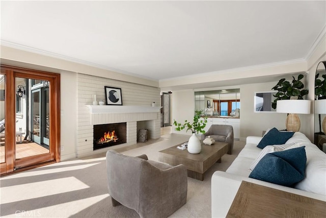 35451 Camino Capistrano, Dana Point, CA 92624 - carpeted living area featuring ornamental molding and a brick fireplace