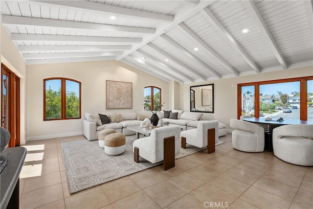 living room featuring recessed lighting, light tile patterned floors, wood ceiling, baseboards, and vaulted ceiling with beams