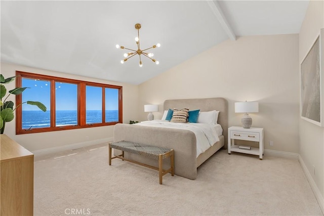carpeted bedroom featuring an inviting chandelier, a water view, baseboards, and vaulted ceiling with beams