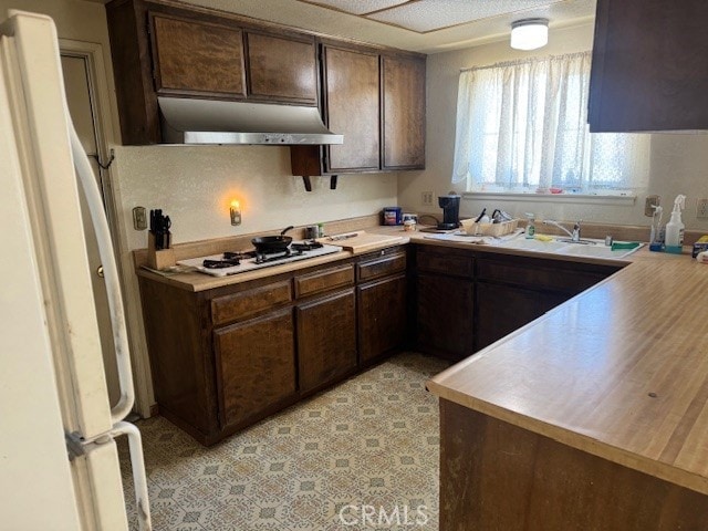 14122 Pawnee Rd, Apple Valley, CA 92307 - kitchen with under cabinet range hood, white appliances, dark brown cabinetry, and light countertops