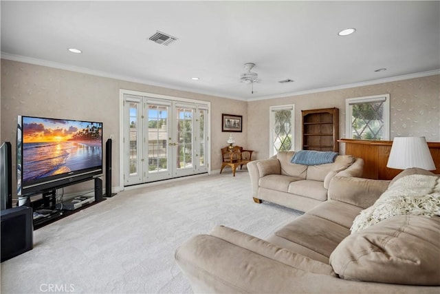 11300 Dulcet Ave, Porter Ranch, CA 91326 - carpeted living room featuring plenty of natural light, french doors, ceiling fan, recessed lighting, and crown molding