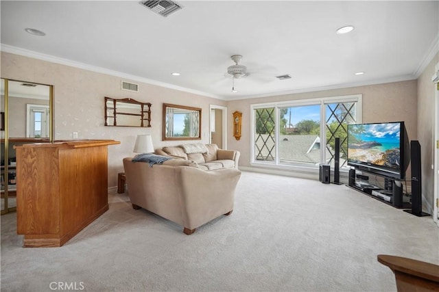 11300 Dulcet Ave, Porter Ranch, CA 91326 - carpeted living room with crown molding, ceiling fan, and recessed lighting