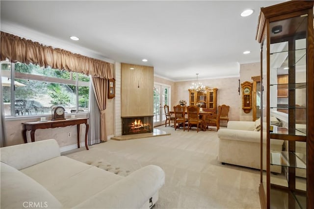 11300 Dulcet Ave, Porter Ranch, CA 91326 - living room featuring plenty of natural light, light carpet, a chandelier, a fireplace, and ornamental molding