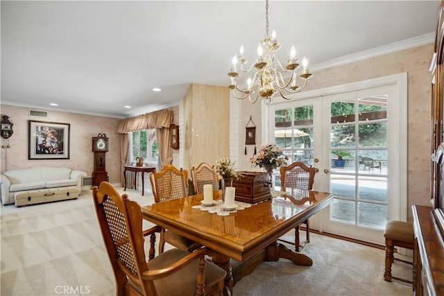 11300 Dulcet Ave, Porter Ranch, CA 91326 - dining room with light colored carpet, a chandelier, recessed lighting, ornamental molding, and french doors